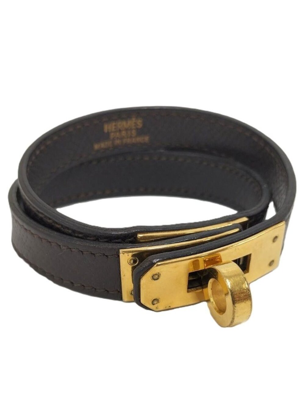 Hermes Tall Double Tour Bracelet Leather Dark Brown Gold Plated